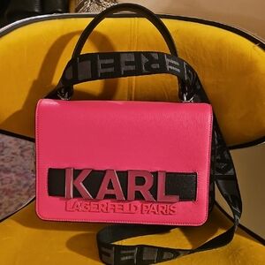 Karl Lagerfeld Hot Pink Logo Crossbody Bag with Black Strap